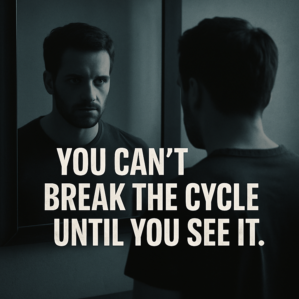 A man staring at his own reflection in the mirror, with text reading ‘You can’t break the cycle until you see it.’