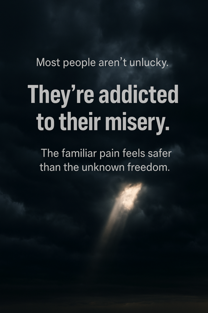 Dark storm clouds parting with a single beam of light and the quote 'Most people aren't unlucky. They're addicted to their misery.