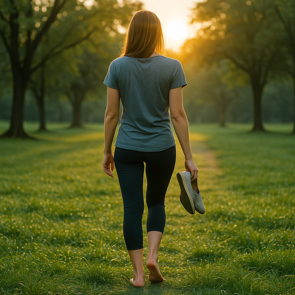 Woman walking barefoot in dewy grass at sunrise in Arlington, Virginia—grounding for healing and energy.
