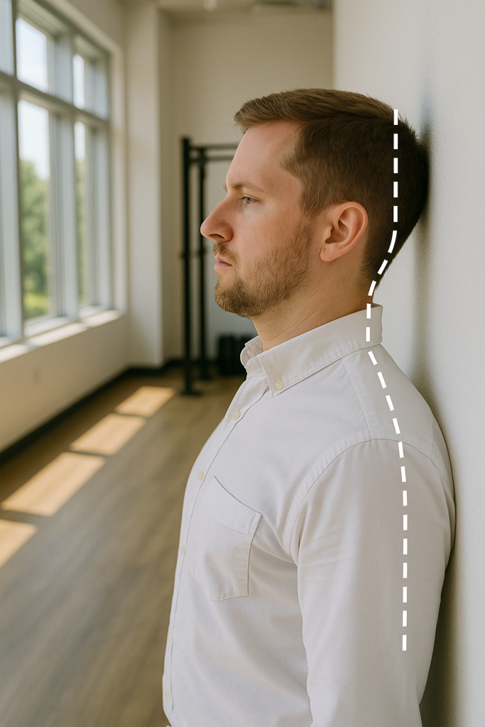 Man performing chin-tuck exercise against a wall to correct forward head posture