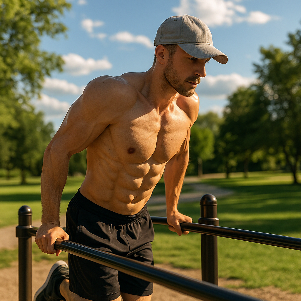 Middle-aged man doing outdoor dips in Arlington park at sunset to build muscle in the sun- this Arlington Personal Trainer recommends this strongly.