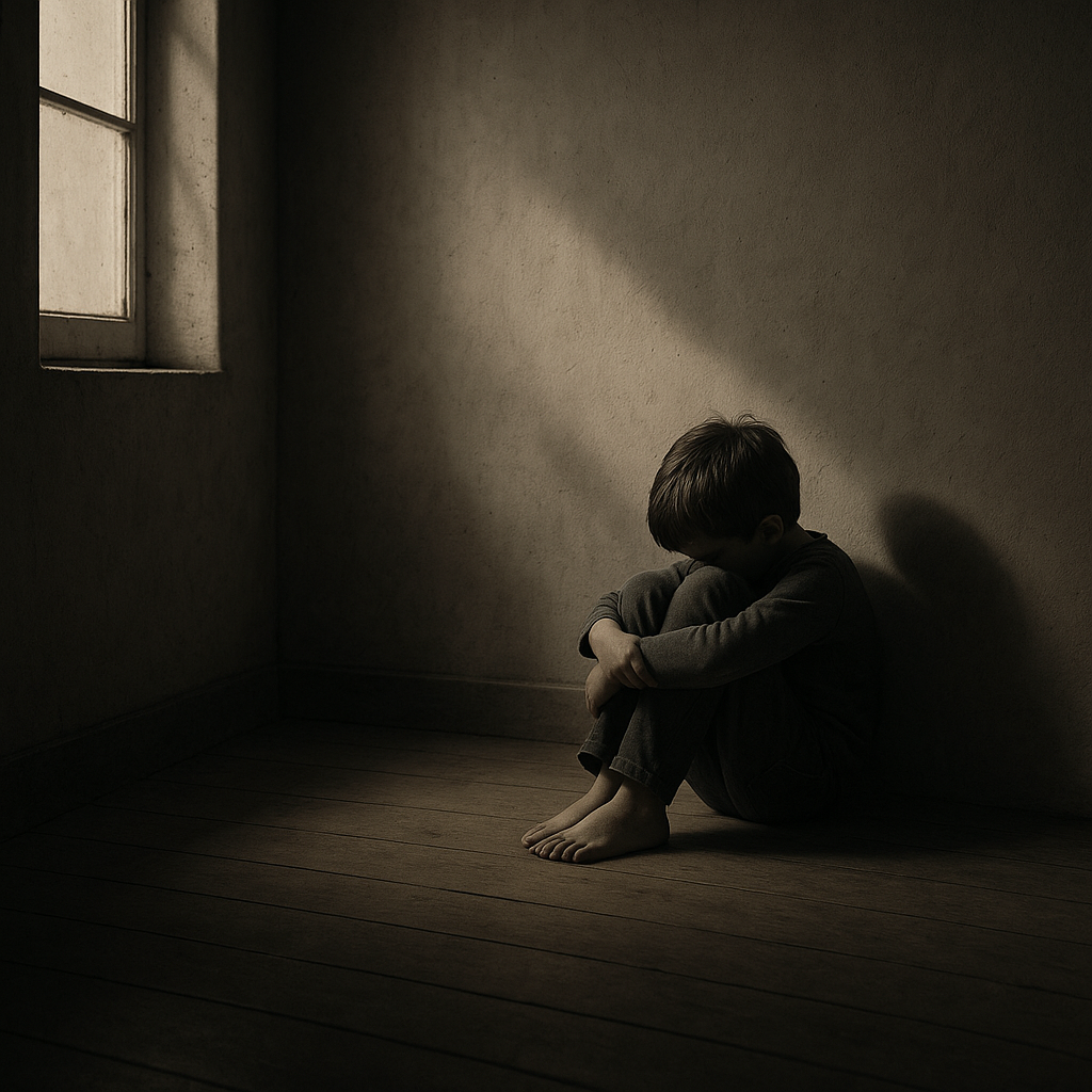 A young boy sitting alone in a bare room, hugging his knees in dim light, representing childhood trauma and emotional isolation
