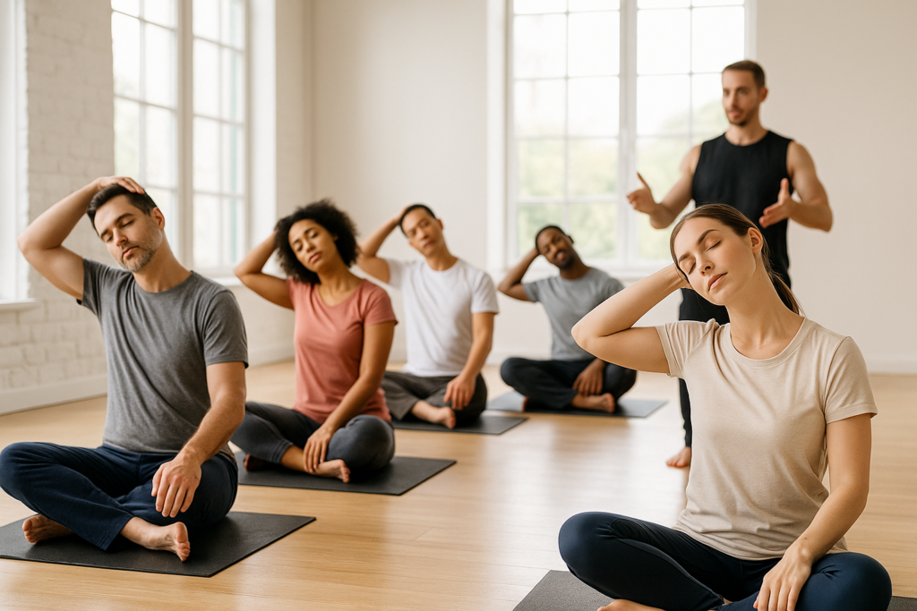 "Group class practicing neck mobility to correct forward head posture in a studio"