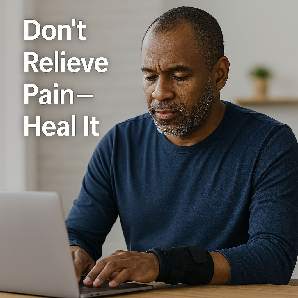 Middle-aged man wearing a black wrist brace while typing on a laptop, symbolizing desk-related chronic pain