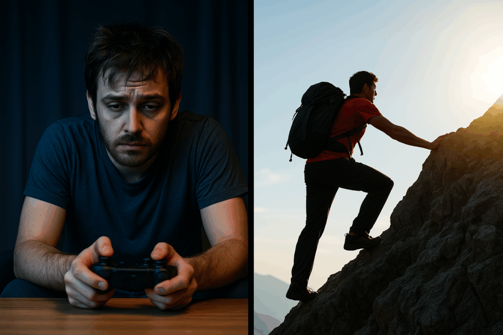 "Split image of gamer and hiker representing life direction"