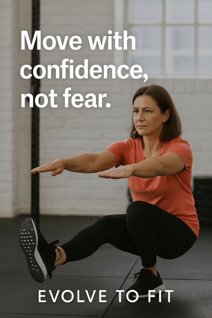 Fit woman in her 40s performing a pistol squat in a bright gym, with the text “Move with confidence, not fear”