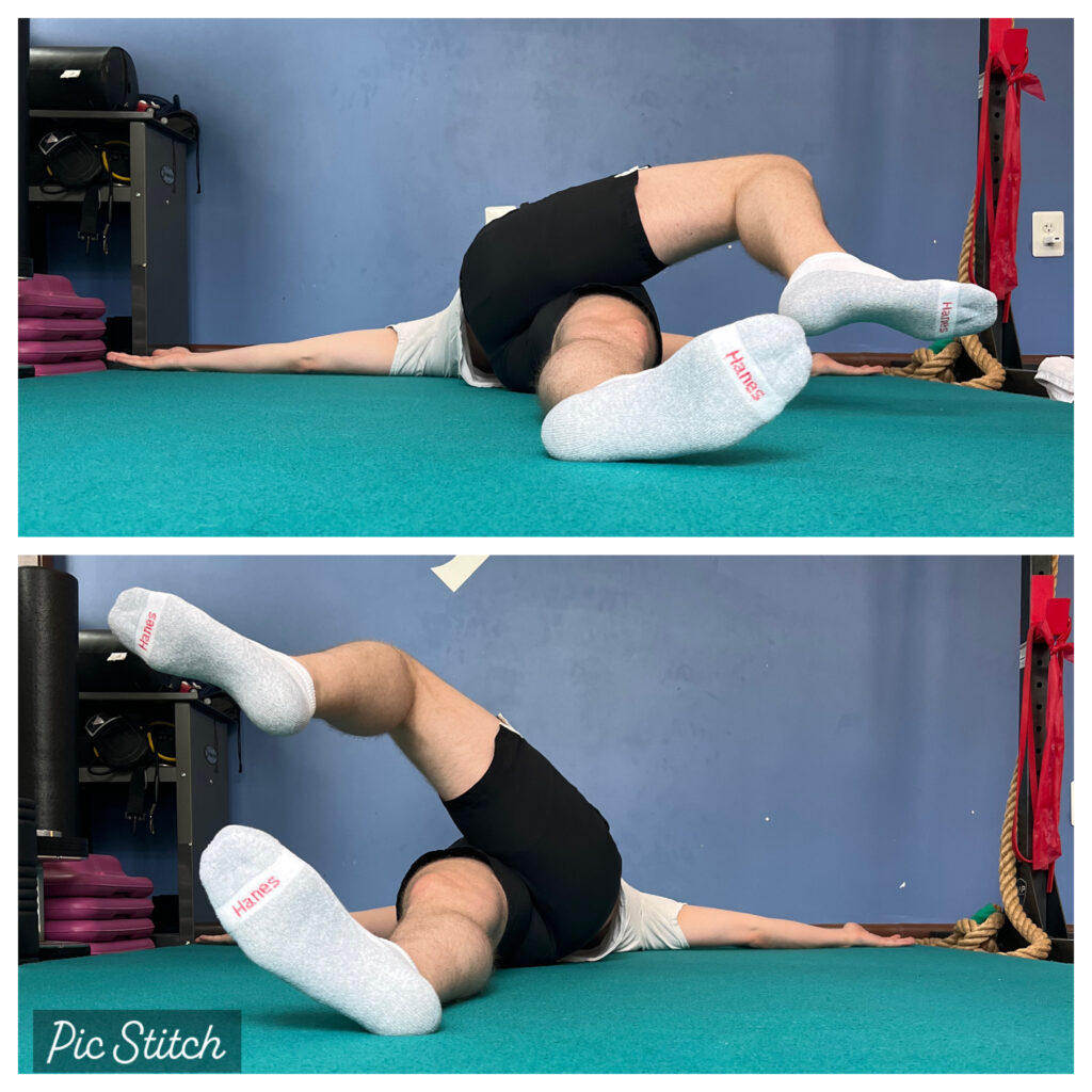 Comparison of "Frank's" left and right hip rotation in supine position after hip surgery in Arlington—top image shows improved right hip rotation, bottom shows limited left hip rotation.